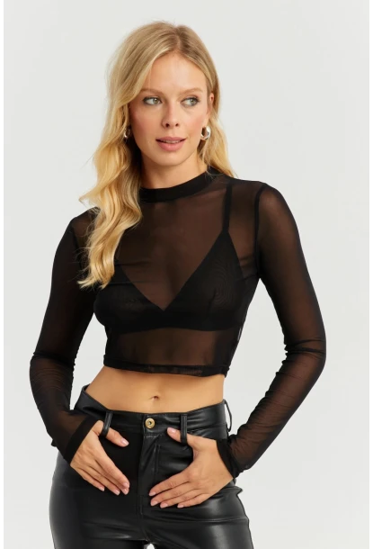 Kadın Siyah Kısa Tül Bluz MEN2027