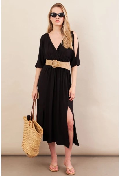 Kadın Siyah Kol Pencereli Midi Elbise MP500