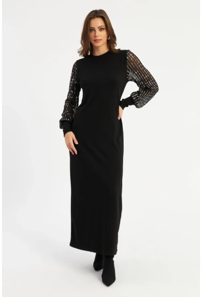 Kadın Siyah Kolları Parlak Tül Detaylı Maxi Elbise MBK56