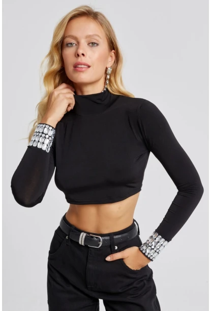 Kadın Siyah Kolları Taşlı Crop Bluz MEN2023