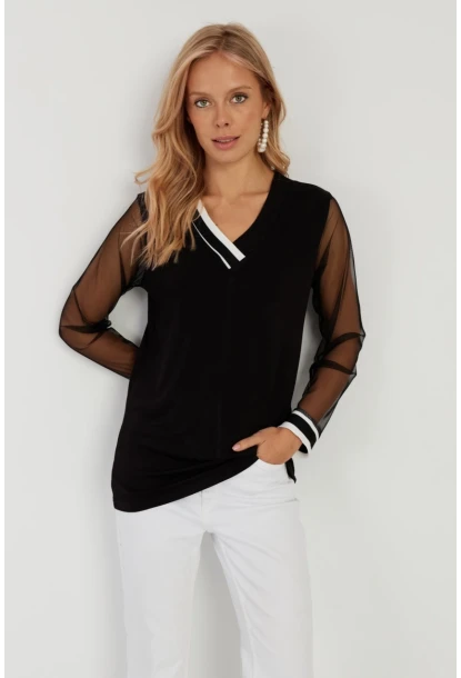 Kadın Siyah Kolları Tül Bluz ST832