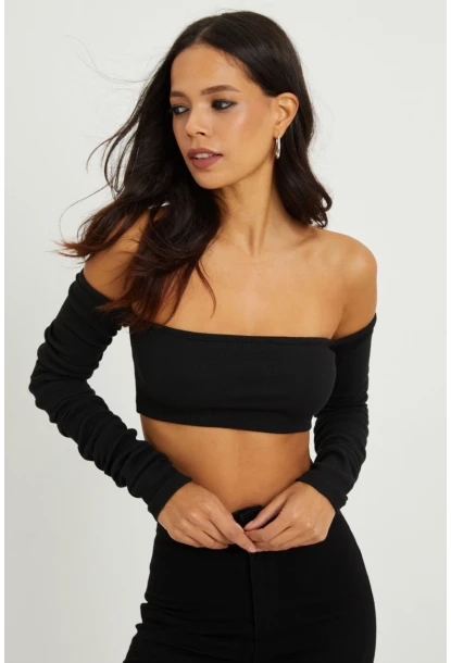 Kadın Siyah Kolu Büzgülü Crop Bluz B213