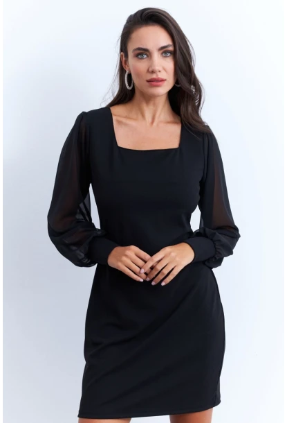 Kadın Siyah Kolu Tül Kare Yaka Midi Elbise ST841