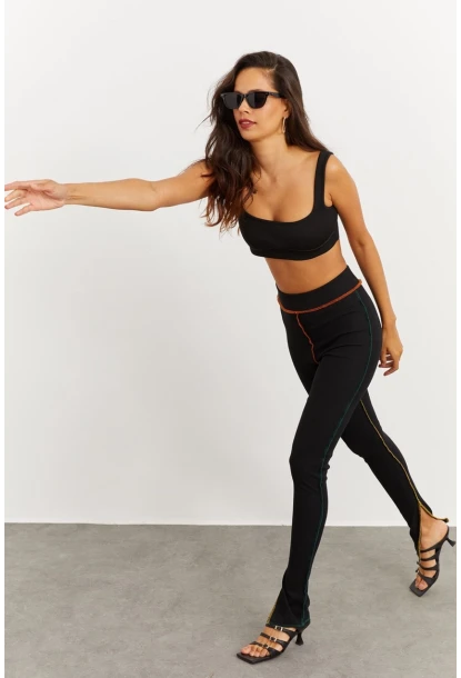 Kadın Siyah Kontrast Dikişli Kaşkorse Tayt B223