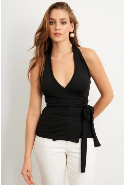 Kadın Siyah Kruvaze Bağlamalı Bluz EY3095