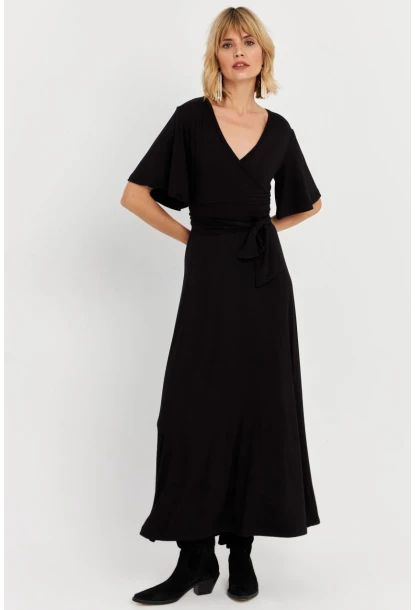 Kadın Siyah Kruvaze Bağlamalı Maxi Elbise EY3038