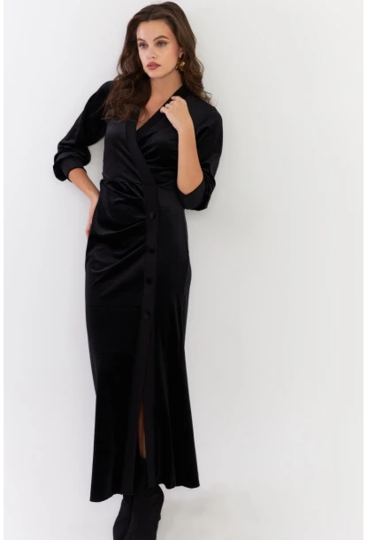 Kadın Siyah Kruvaze Büzgülü Kadife Maxi Elbise ALO1007