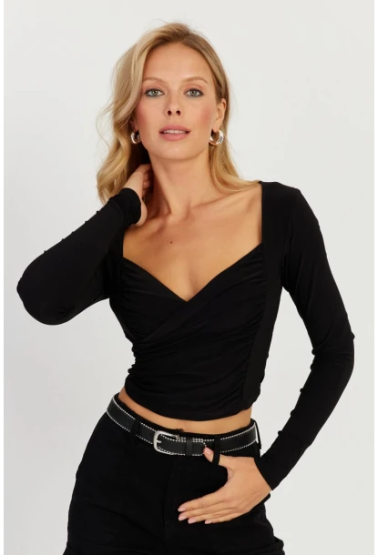 Kadın Siyah Kruvaze Crop Bluz LPP1252