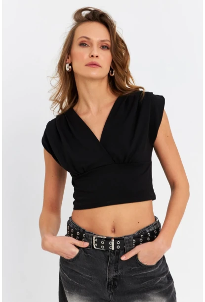 Kadın Siyah Kruvaze Crop Bluz SDY1234