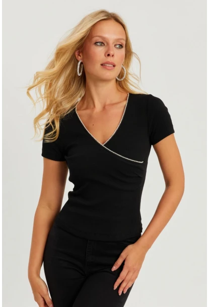 Kadın Siyah Kruvaze Kaşkorse Taşlı Bluz AYD306