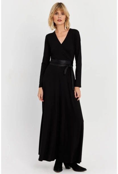 Kadın Siyah Kruvaze Maxi Elbise VTN3