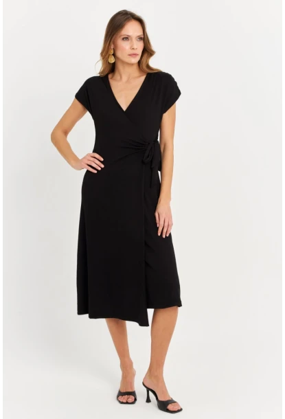 Kadın Siyah Kruvaze Midi Elbise EY3044