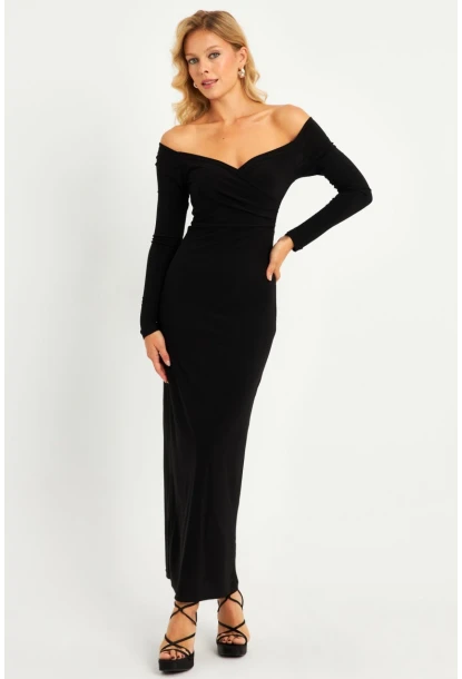 Kadın Siyah Kruvaze Midi Yılbaşı Elbise LİK04