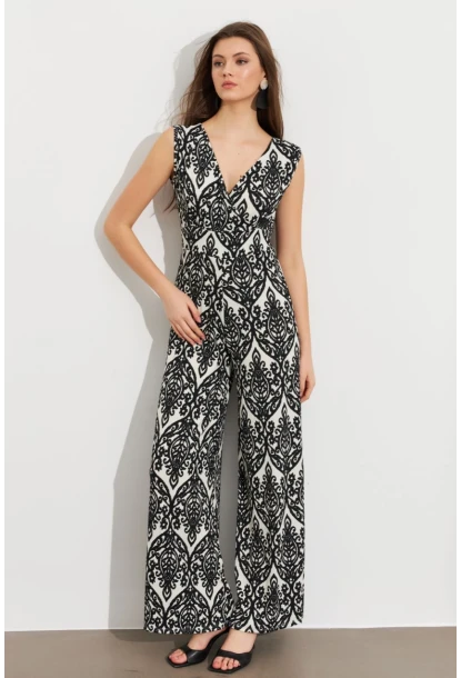 Kadın Siyah Kruvaze Yaka Desenli Bürümcük Tulum MP430