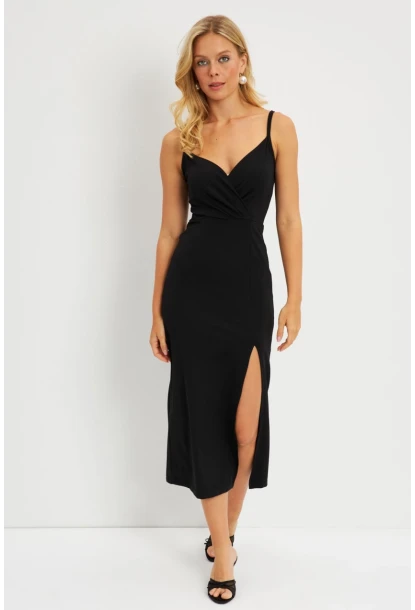 Kadın Siyah Kruvaze Yırtmaçlı Midi Elbise EY2796