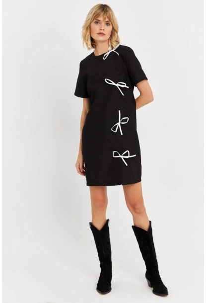 Kadın Siyah Kurdele Detaylı Mini Elbise DAF5025