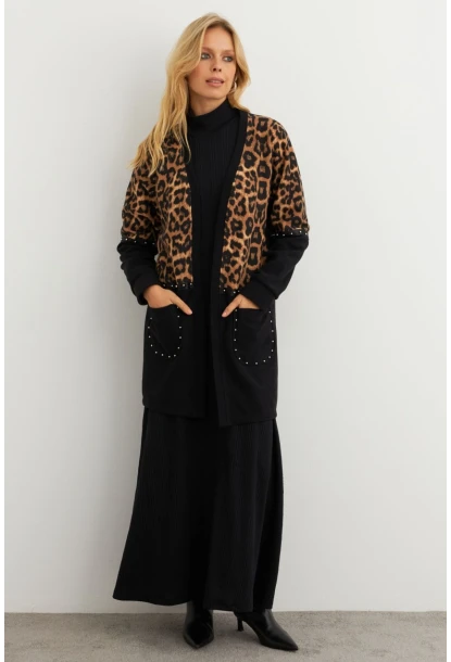 Kadın Siyah Leopar Bloklu Hırka MPK812