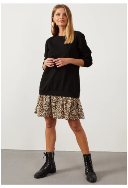 Kadın Siyah Leopar Desenli Sweat Elbise B16