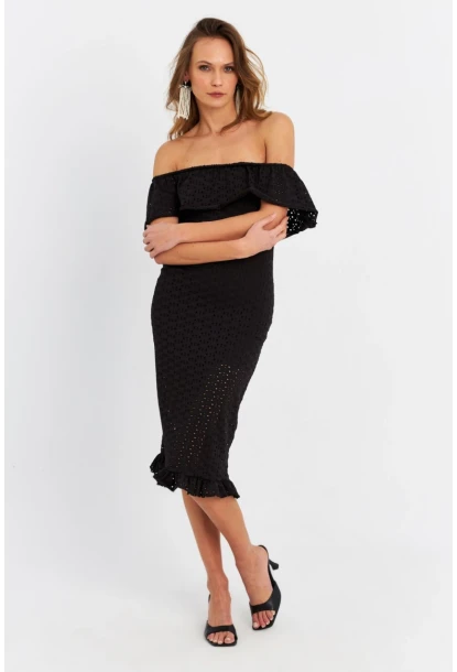 Kadın Siyah Madonna Yaka Astarlı Midi Elbise LİT105-90