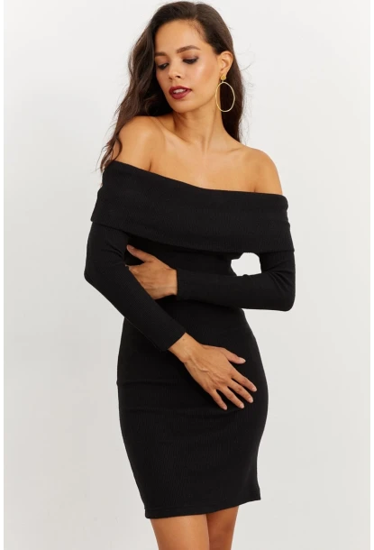 Kadın Siyah Madonna Yaka Kaşkorse Elbise CG272