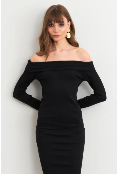 Kadın Siyah Madonna Yaka Kaşkorse Midi Elbise ALB3690