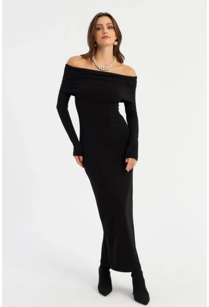 Kadın Siyah Madonna Yaka Maxi Elbise LİK10