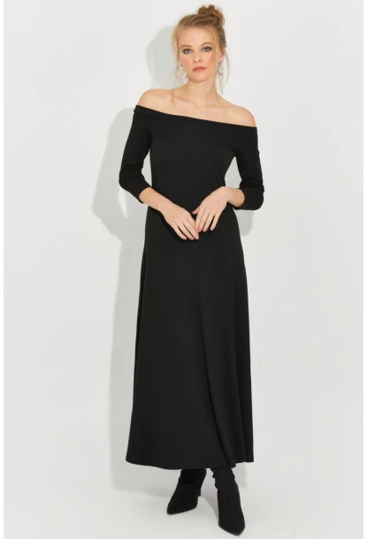 Kadın Siyah Madonna Yaka Midi Elbise BK272076