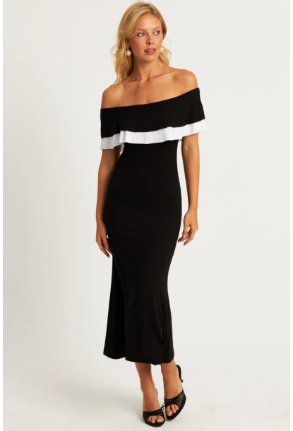 Kadın Siyah Madonna Yaka Midi Elbise EY2840