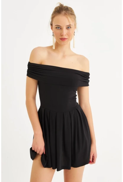 Kadın Siyah Madonna Yaka Midi Elbise MON1262-1