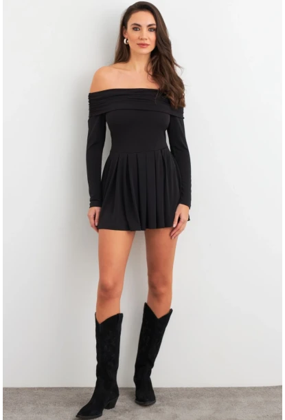 Kadın Siyah Madonna Yaka Midi Elbise MON1262