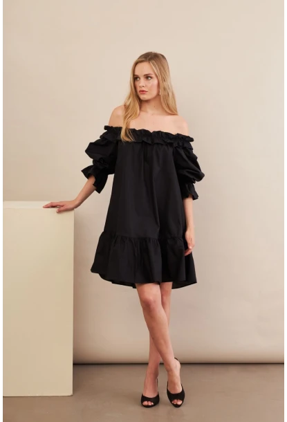 Kadın Siyah Madonna Yaka Midi Elbise PSG1012