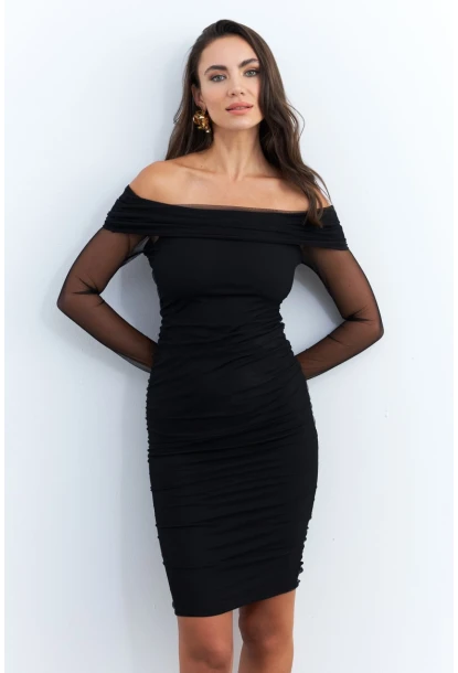 Kadın Siyah Madonna Yaka Midi Tül Yılbaşı Elbise ELT4033