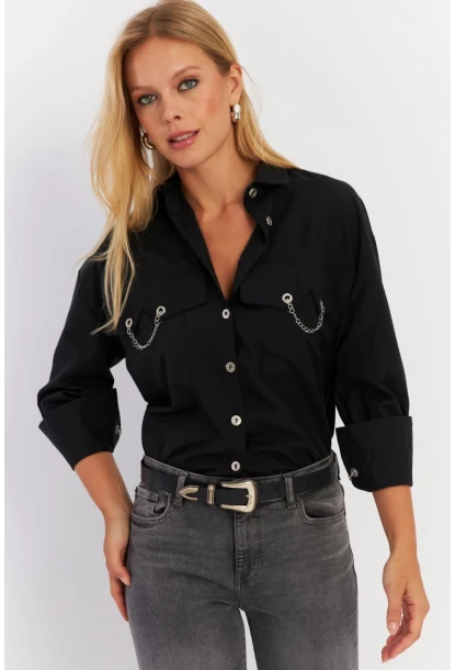 Kadın Siyah Metal Detaylı Gömlek ASF13