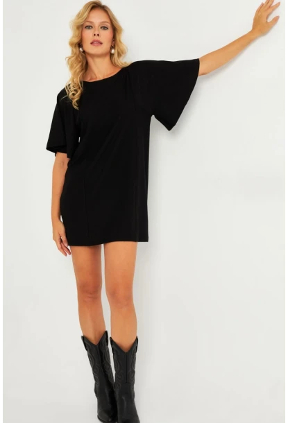 Kadın Siyah Mini Çan Kol Elbise TF05