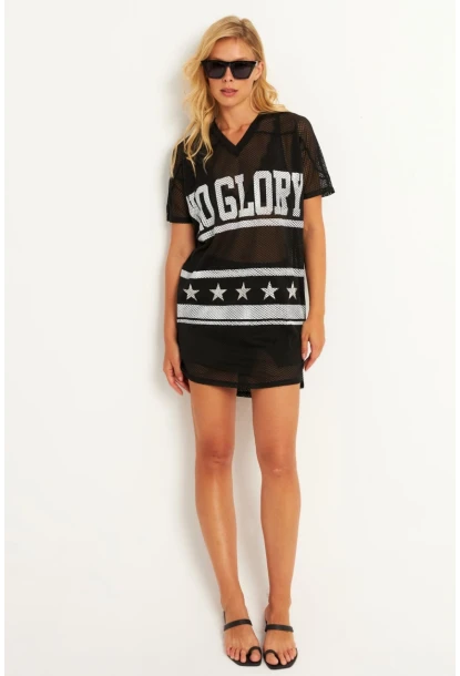 Kadın Siyah Mini File Baskılı Elbise TH1112