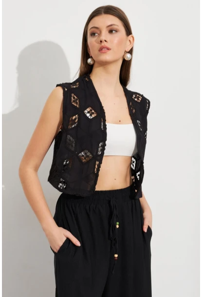 Kadın Siyah Nakışlı Crop Yelek ZH110