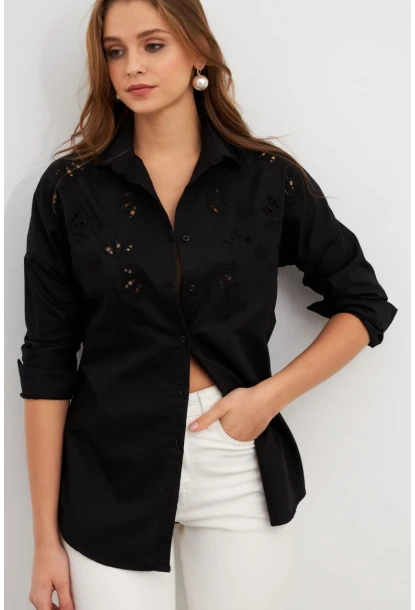 Kadın Siyah Nakışlı Gömlek DAF5017
