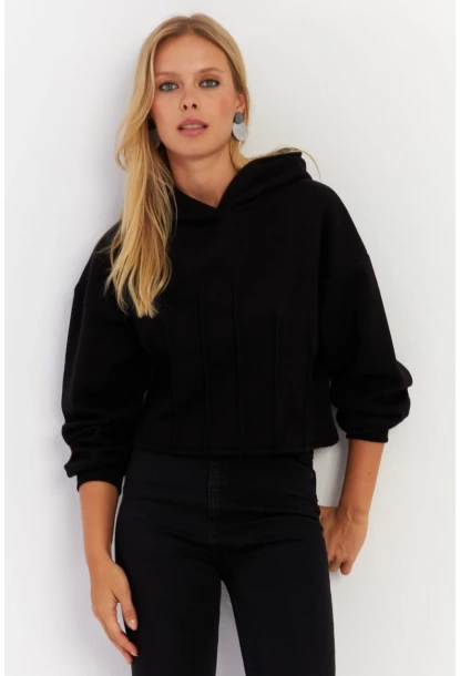 Kadın Siyah Nervüllü Üç İplik Sweatshirt TF13