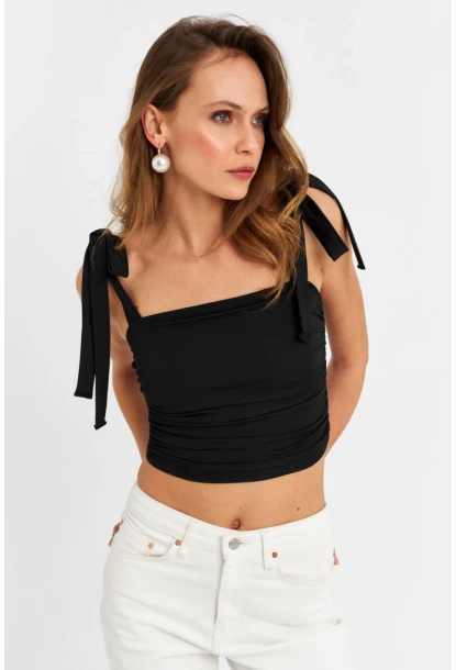 Kadın Siyah Omuz Bağlamalı Crop Bluz B5023-90