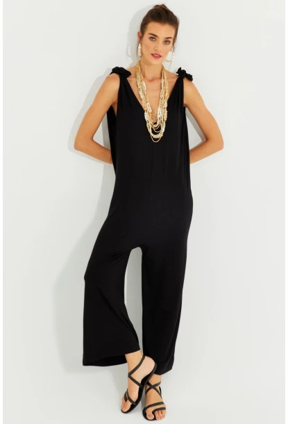 Kadın Siyah Omuz Bağlamalı Salaş Tulum ST1678