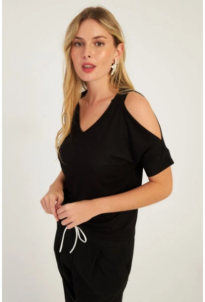 Kadın Siyah Omuzları Açık Bluz BR1329