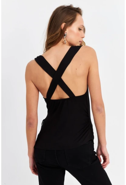 Kadın Siyah Omuzları Düğümlü Bluz EY3066