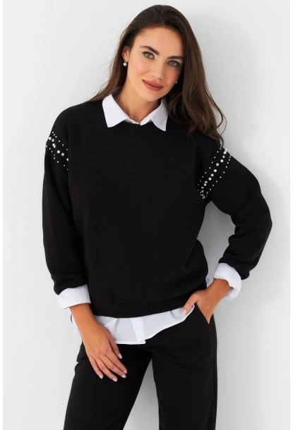 Kadın Siyah Omuzları İnci Detaylı Sweatshirt DY1424
