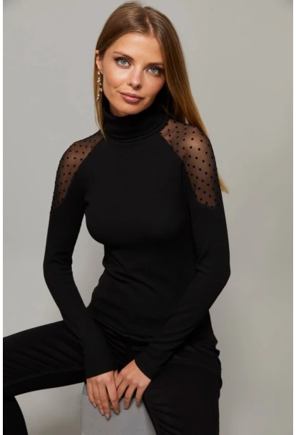 Kadın Siyah Omuzları Puantiyeli Tül Bluz EY1098