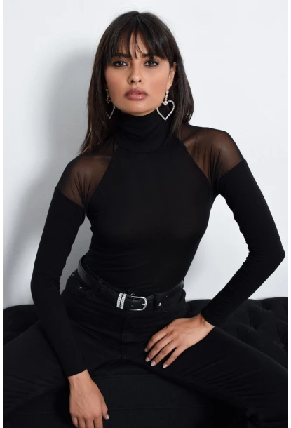 Kadın Siyah Omuzları Tül Bluz TZ2075