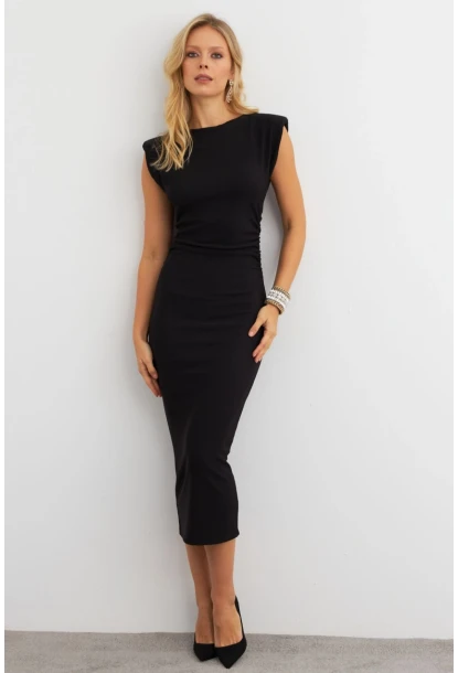 Kadın Siyah Omuzları Vatkalı Drape Maxi Elbise KED4252