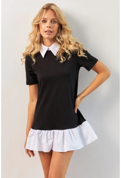 Kadın Siyah Omuzları Vatkalı Volanlı Mini Elbise KED4247