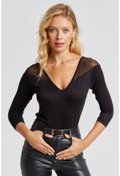 Kadın Siyah Ön Arka V Tül Detaylı Bluz Yİ2502