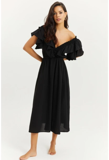 Kadın Siyah Ön Arka V Volanlı Elbise KS113