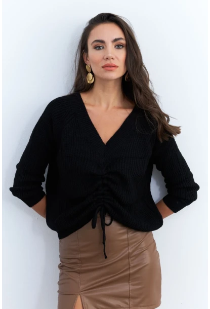 Kadın Siyah Önü Arka V Önü Büzgülü Kazak KAZ29